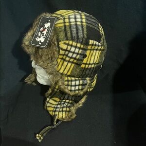 NWT black & yellow Trooper Plaid Bomber faux fur Aviator Hat one size unisex